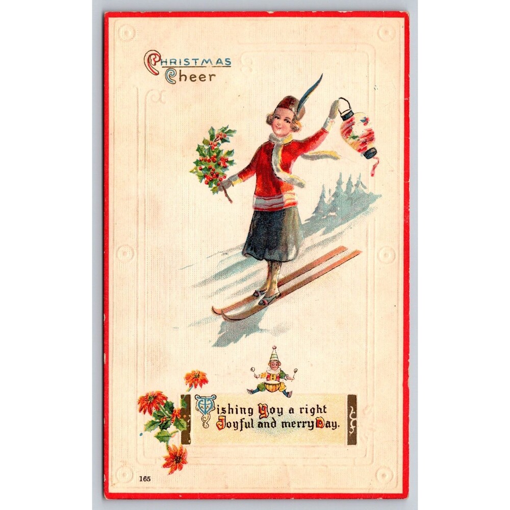 Vintage 1913 Christmas Postcard Woman Skiing Holding Lantern Elf Embossed JB&Co